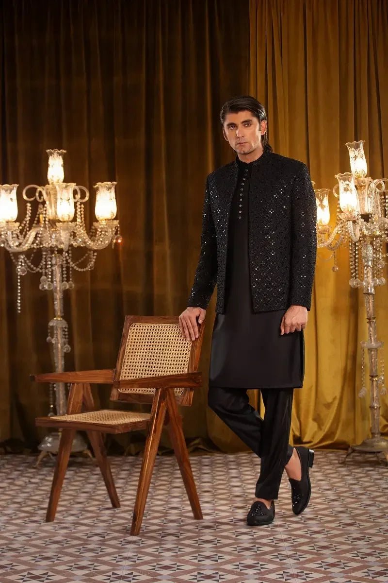 Abdan black raw silk jacket with sparkling sequins and mandarin collar for elegant occasions
