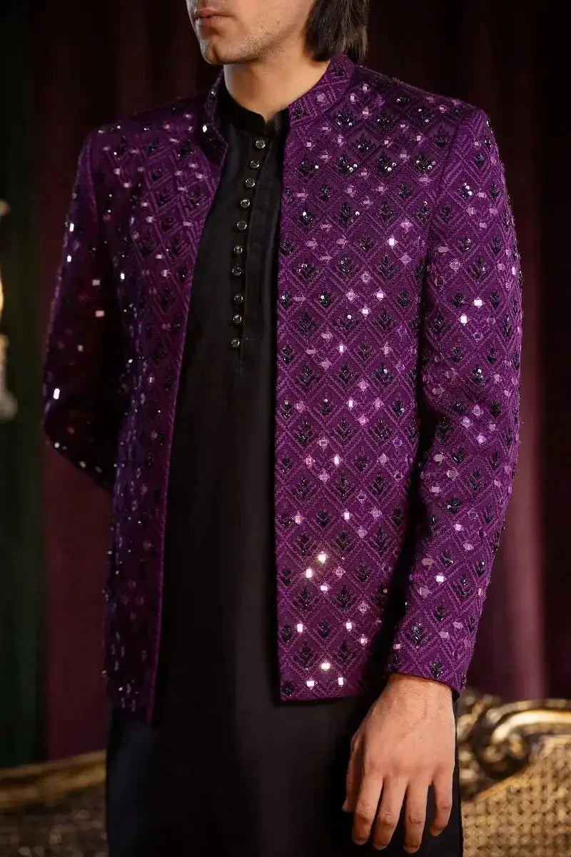 A deep purple sequined blazer named ALAM featuring diamond-patterned embroidery and a stand-up collar