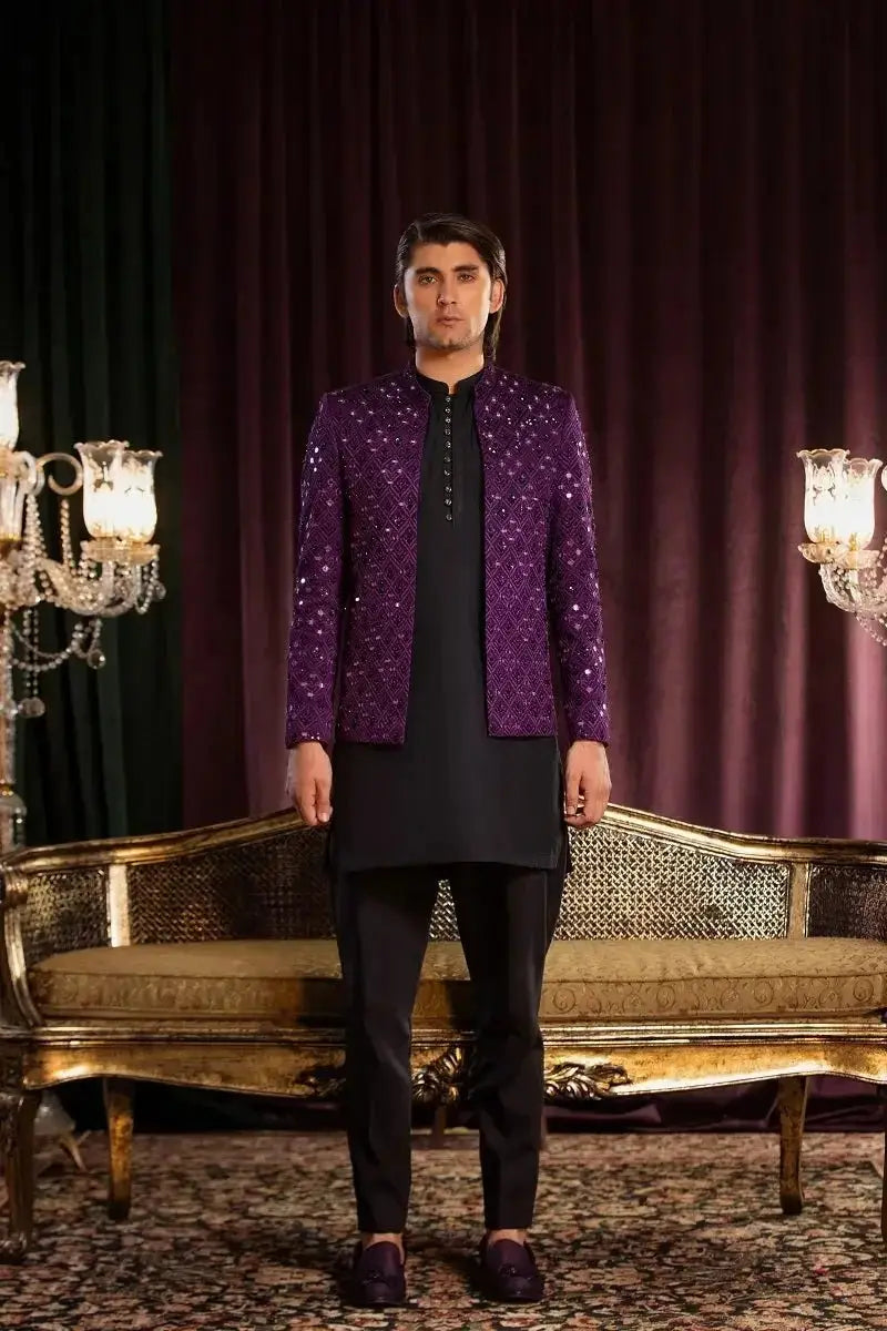 Purple sequined blazer with black inner shirt and matching trousers branded alam for stylish formal wear