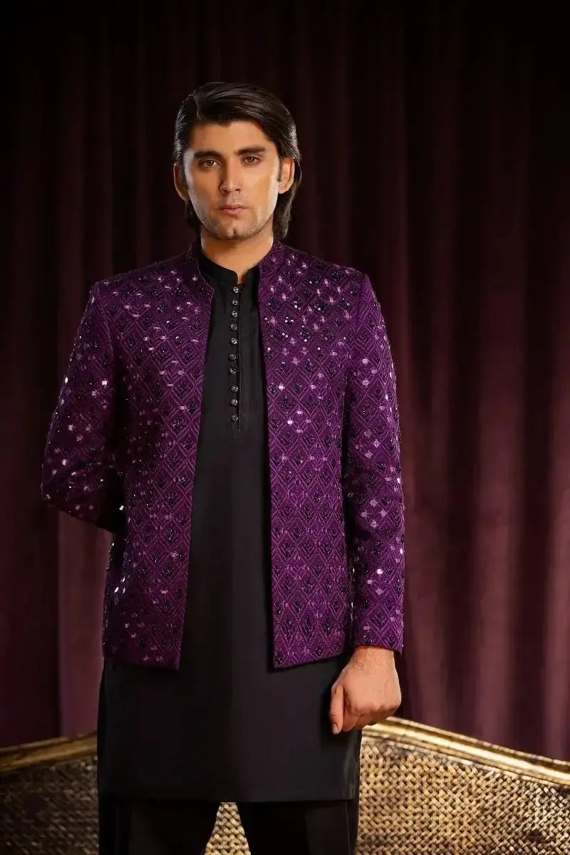 Purple sequined ALAM jacket with intricate geometric patterns showcasing detailed craftsmanship
