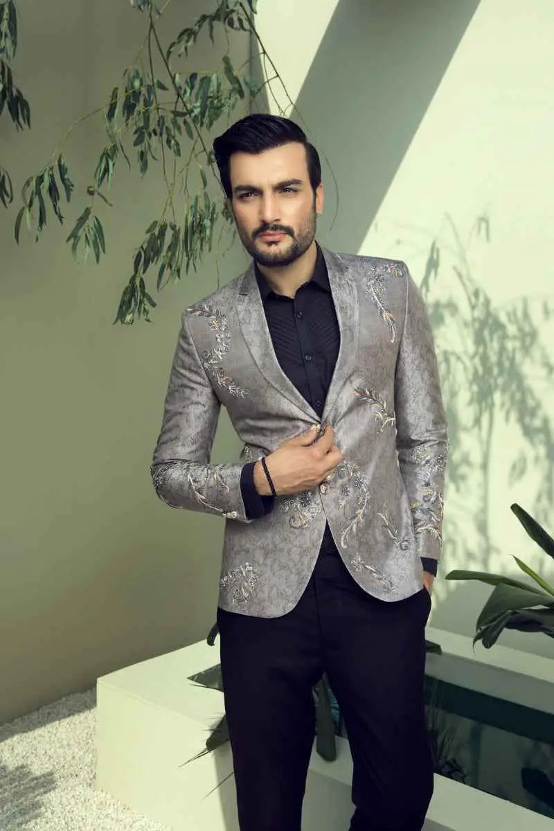 Silver blazer argentum featuring distinctive slate-grey textured fabric with intricate floral embroidery and structured luxury design