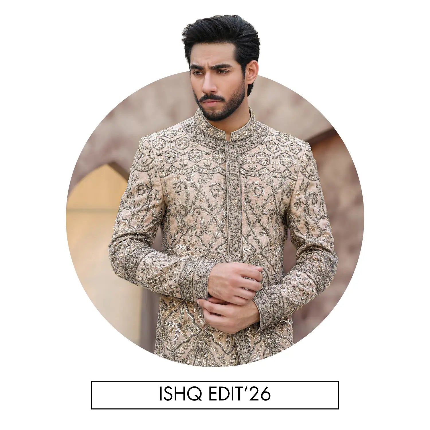 Beige embroidered sherwani with intricate silver thread detailing.