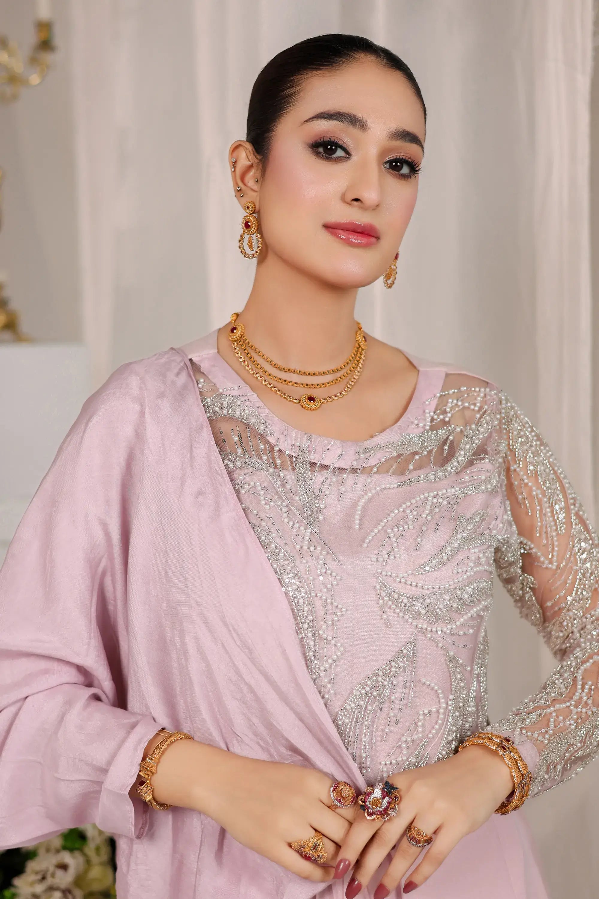 Blush opulence delicate lavender blouse with sheer silver-beaded sleeves and embroidered bodice by ahsan tariq in soft blush pink