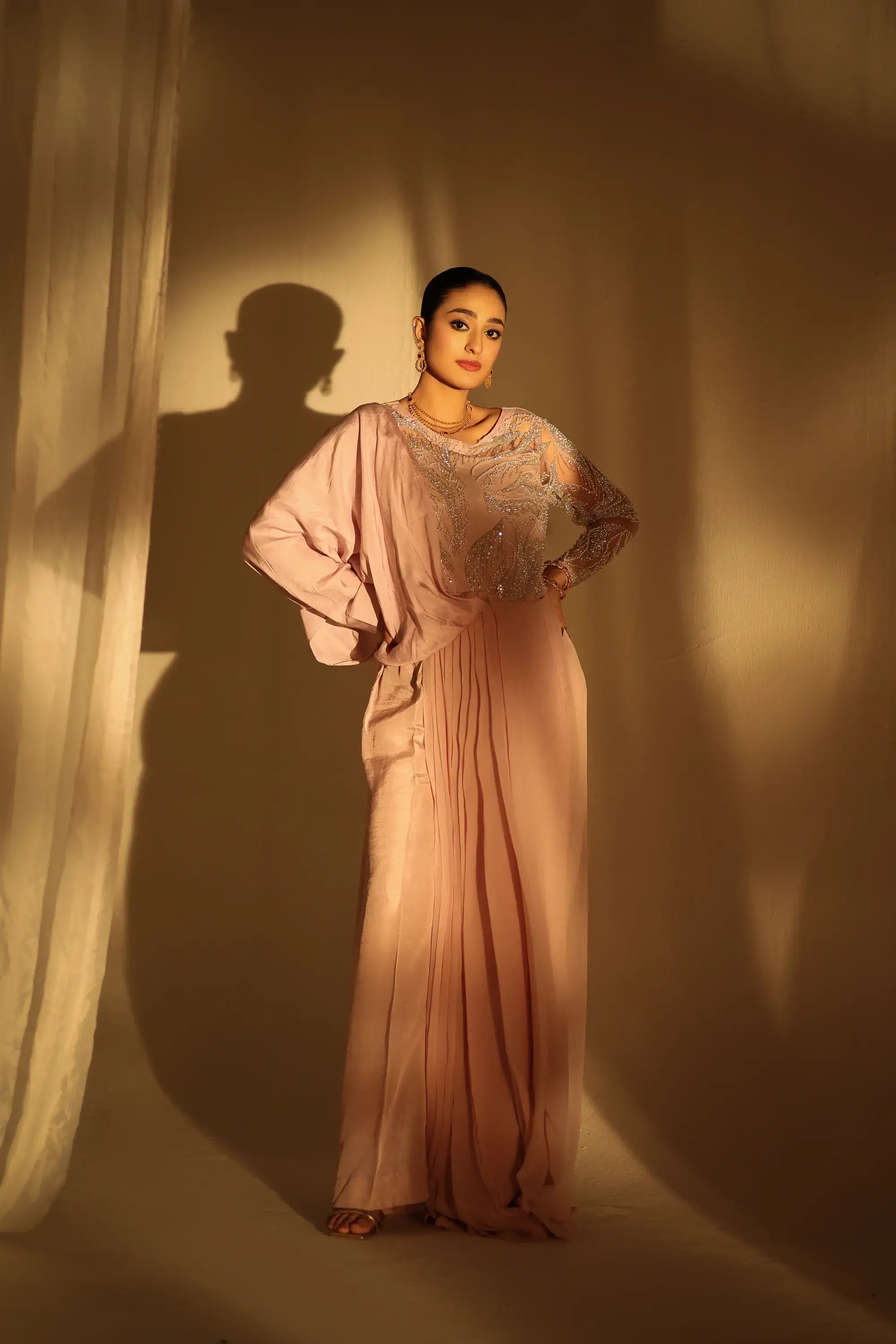 A flowing blush opulence gown by ahsan tariq in soft blush pink with sheer embellished long sleeves and pleated skirt