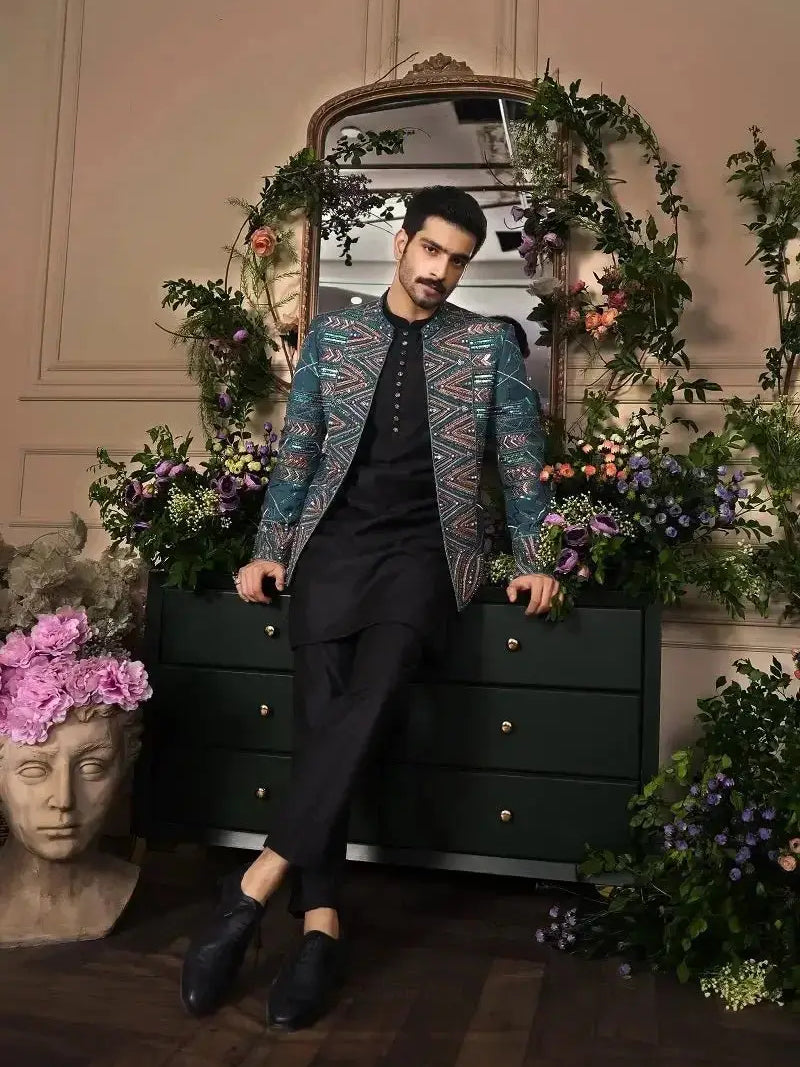 Fakhar-e-Jahan – Pakistani Open Prince Coat by Ahsan Tariq Couture – view 1