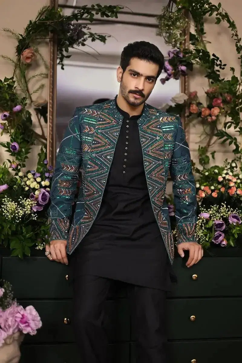 Teal and gold embroidered men’s blazer fakhar-e-jahan with geometric patterns for formal wear