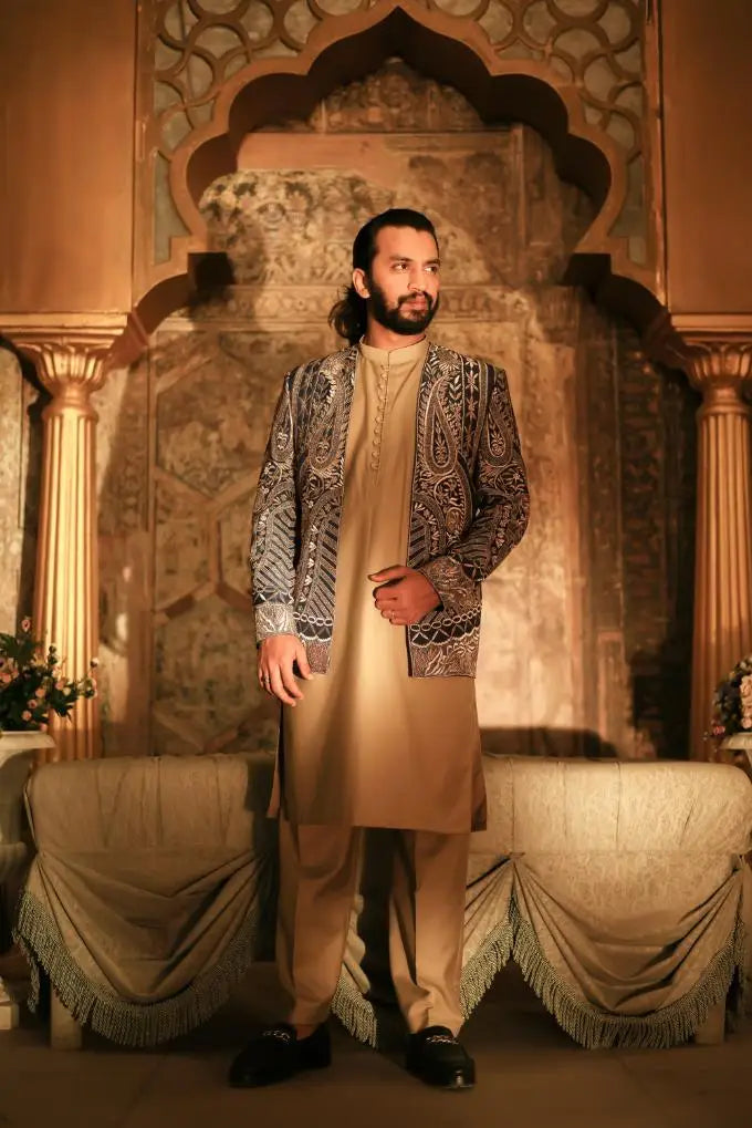 Beige embroidered kurta with matching dark-toned paisley patterned jacket from ghazal collection