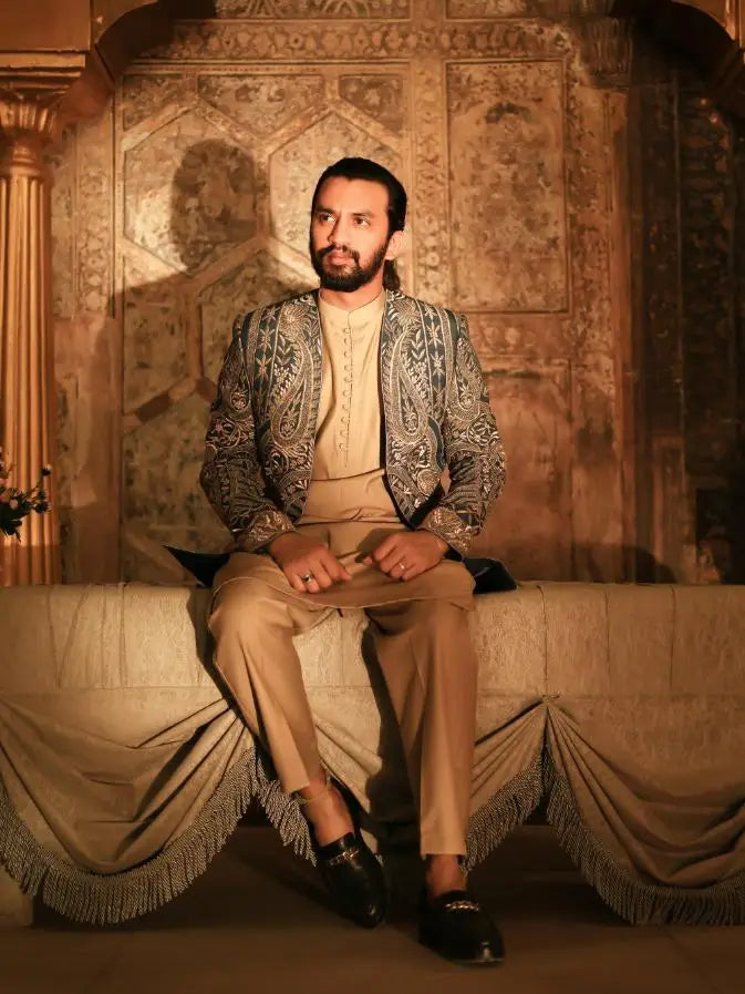 GHAZAL – Pakistani Open Prince Coat by Ahsan Tariq Couture – view 4