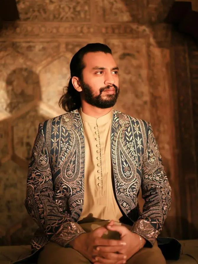 GHAZAL – Pakistani Open Prince Coat by Ahsan Tariq Couture – view 2
