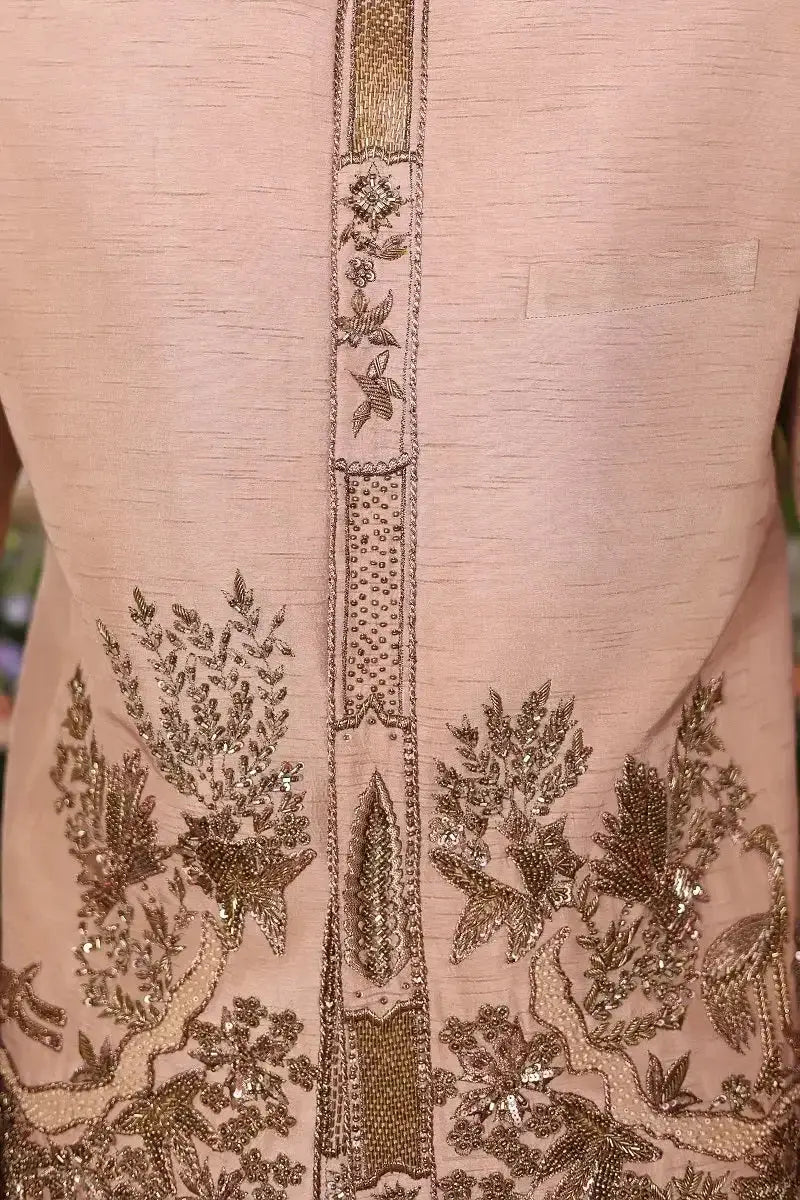 A blush pink raw silk embroidered kurta gulzar-e-raunaq with intricate gold thread and sequin floral patterns on front placket