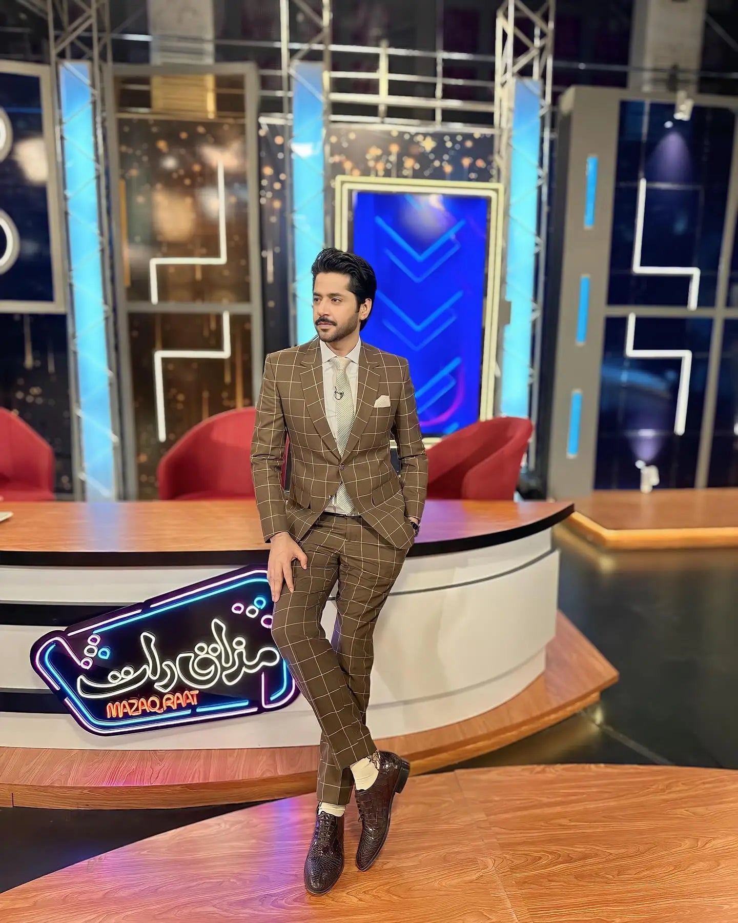 Brown plaid heritage windowpane suit by ahsan tariq with matching jacket and trousers in subtle check pattern