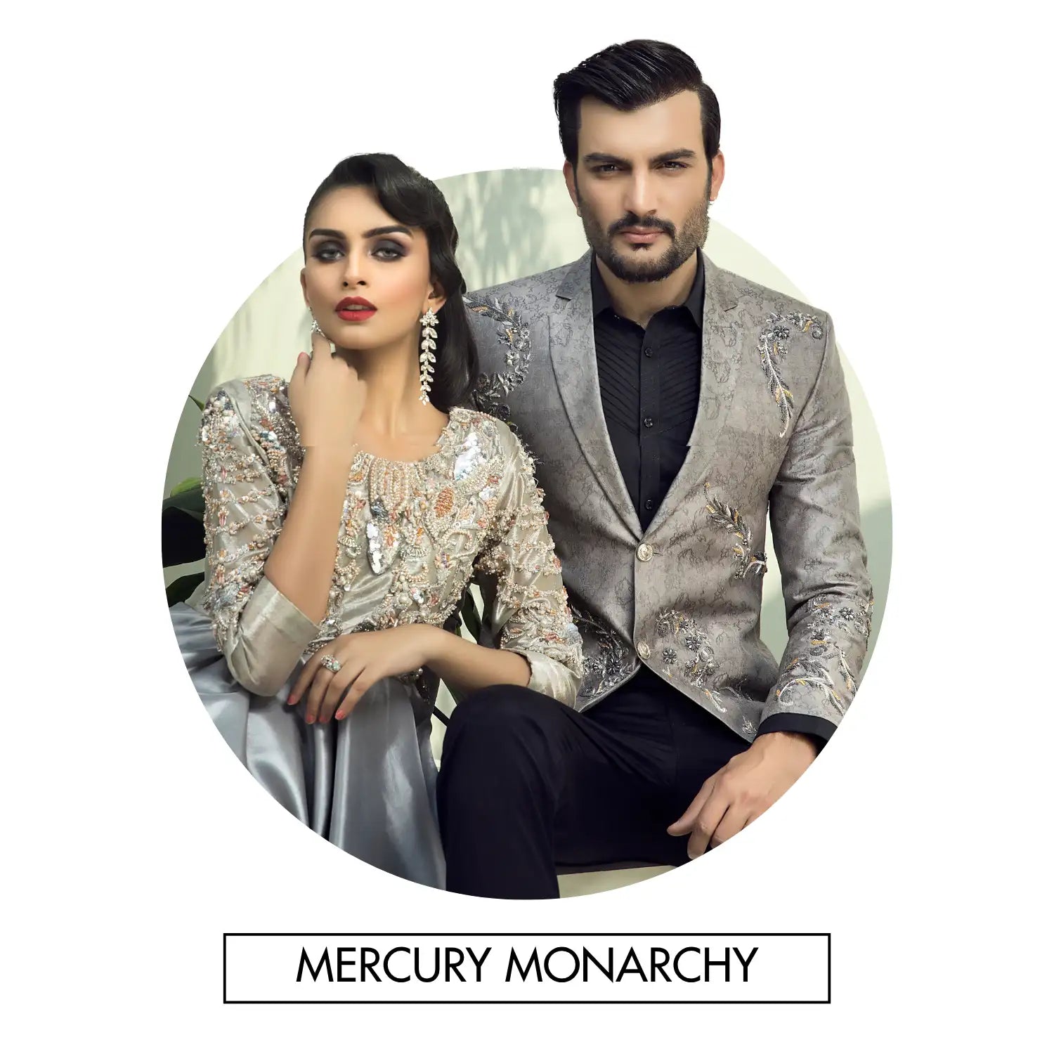 The mercury monarchy silver-embellished formal suit ensemble features intricate floral embroidery in metallic thread and sequins, paired with a matching satin skirt.