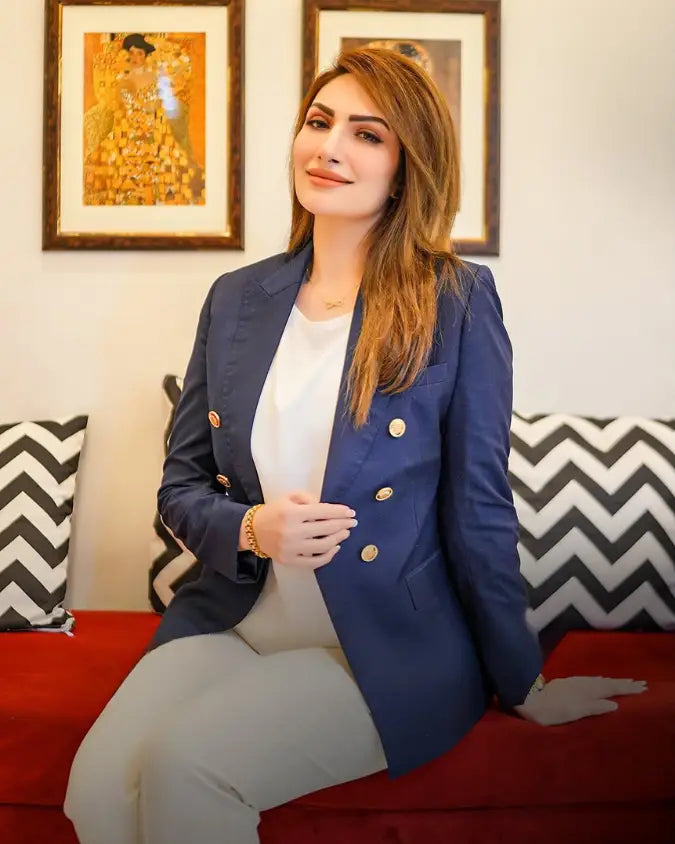 Navy blue double-breasted blazer with gold-toned buttons from nautical azure redefines modern power dressing