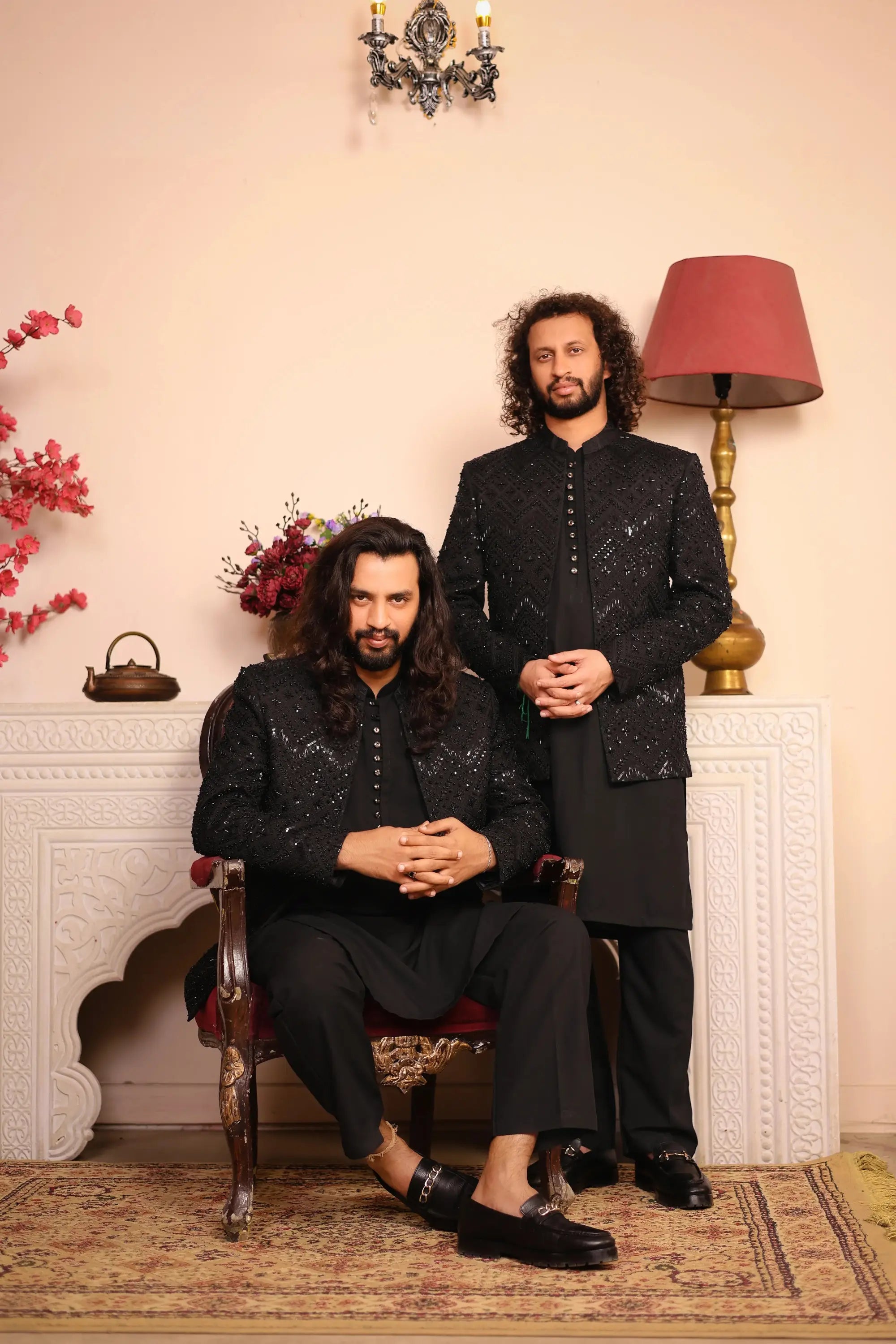 Black sequined formal wear ensemble named nawab featuring intricate detailing for elegant evening occasions