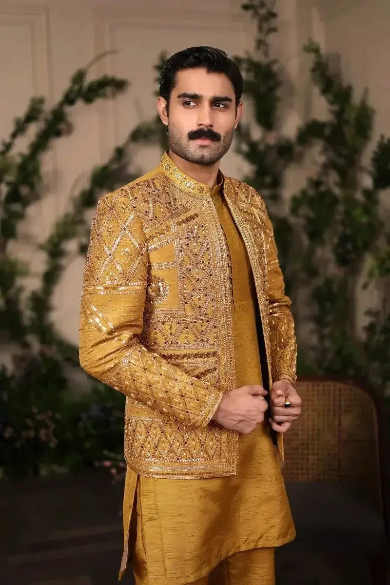 Nishan-e-Manzil golden raw silk jacket with intricate gold thread embroidery and traditional design details