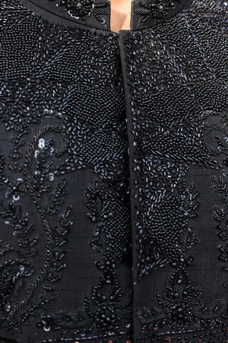 Black beaded jacket qara from ahsan tariq ishq collection featuring intricate floral embroidery and sequin accents