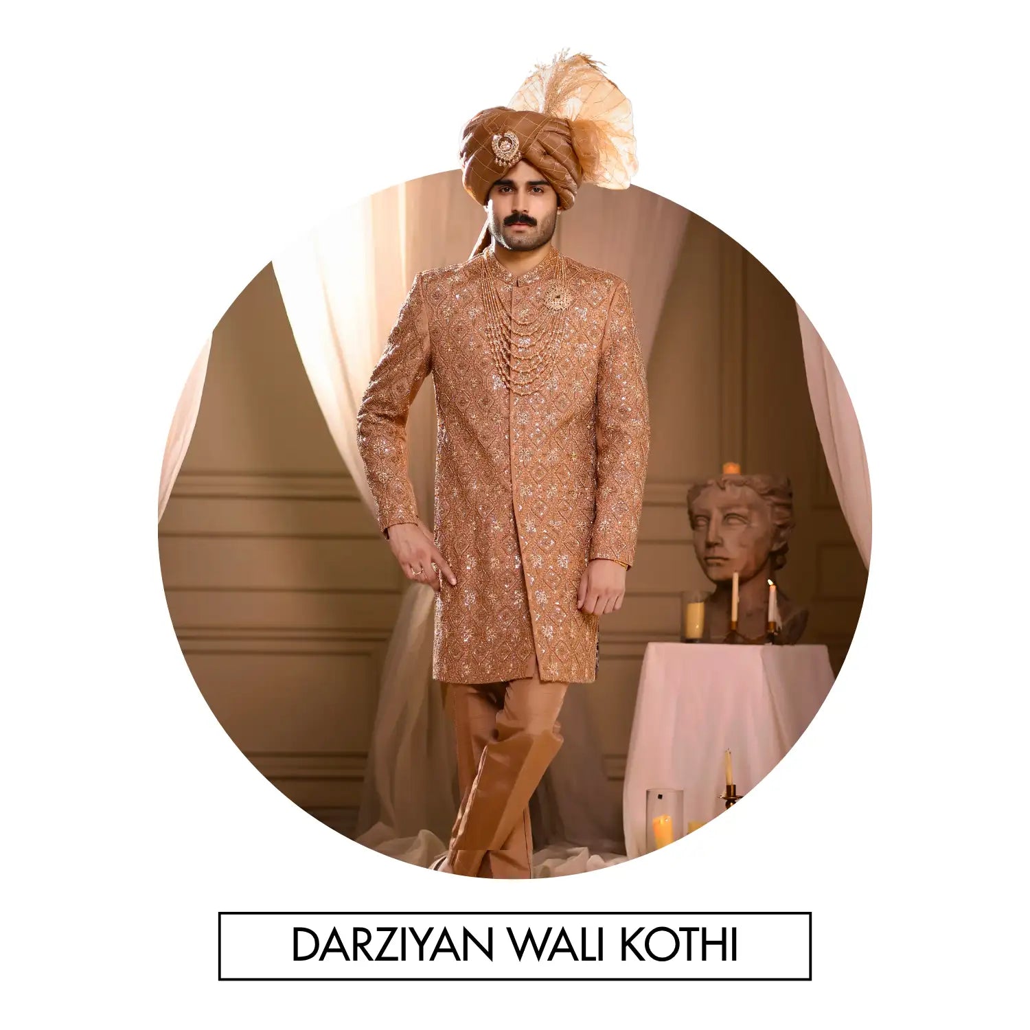 A richly embroidered gold-colored darziyan wali kothi jacket with intricate patterns and a matching turban adorned with feathers.