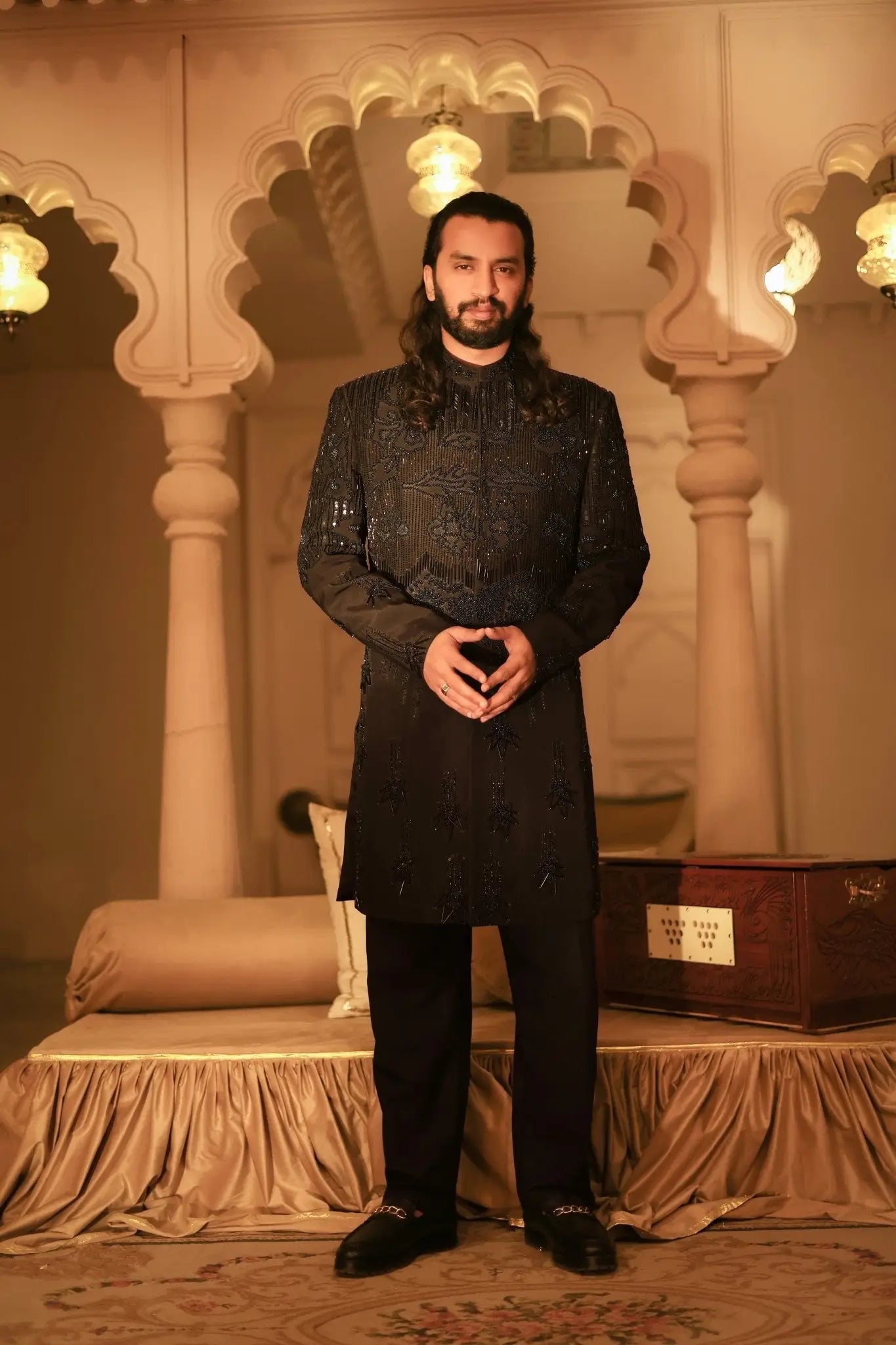 Black embroidered formal tunic shahenshah with intricate silver thread detailing for elegant occasions
