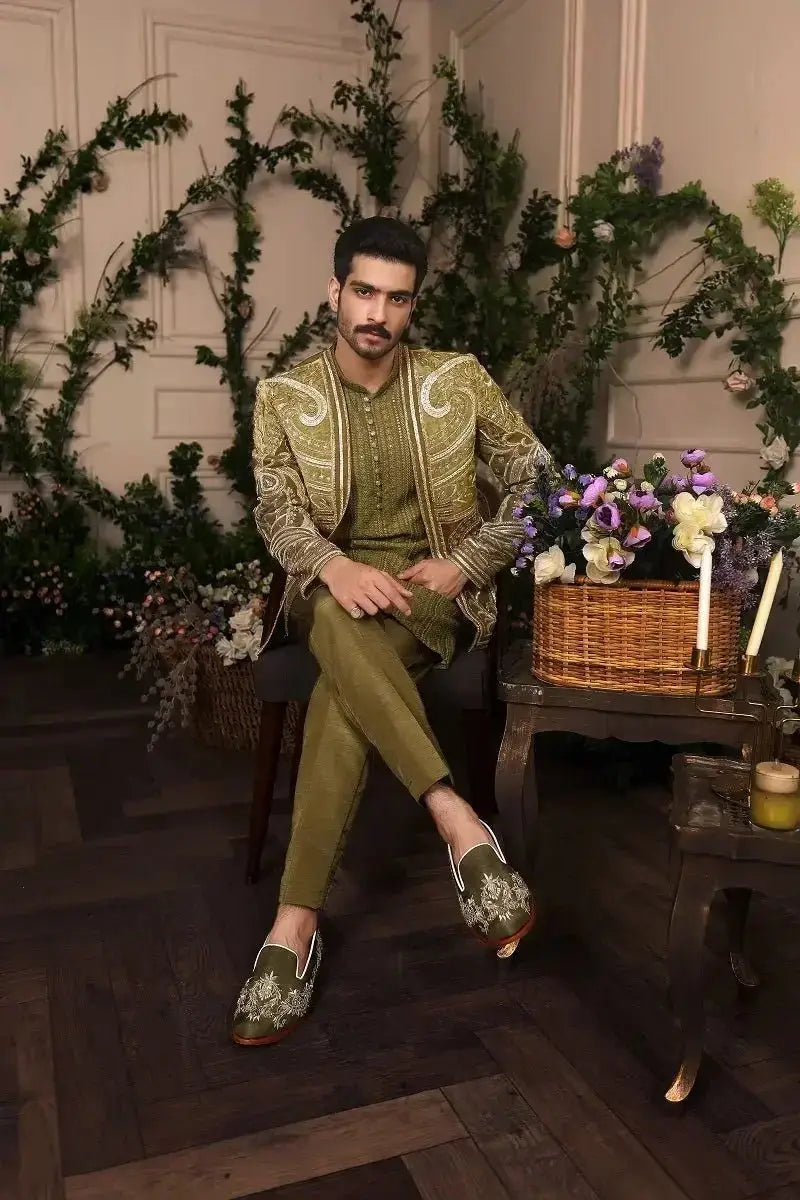 Sherawala velvet olive green raw silk formal shoes with intricate white floral embroidery and subtle sheen