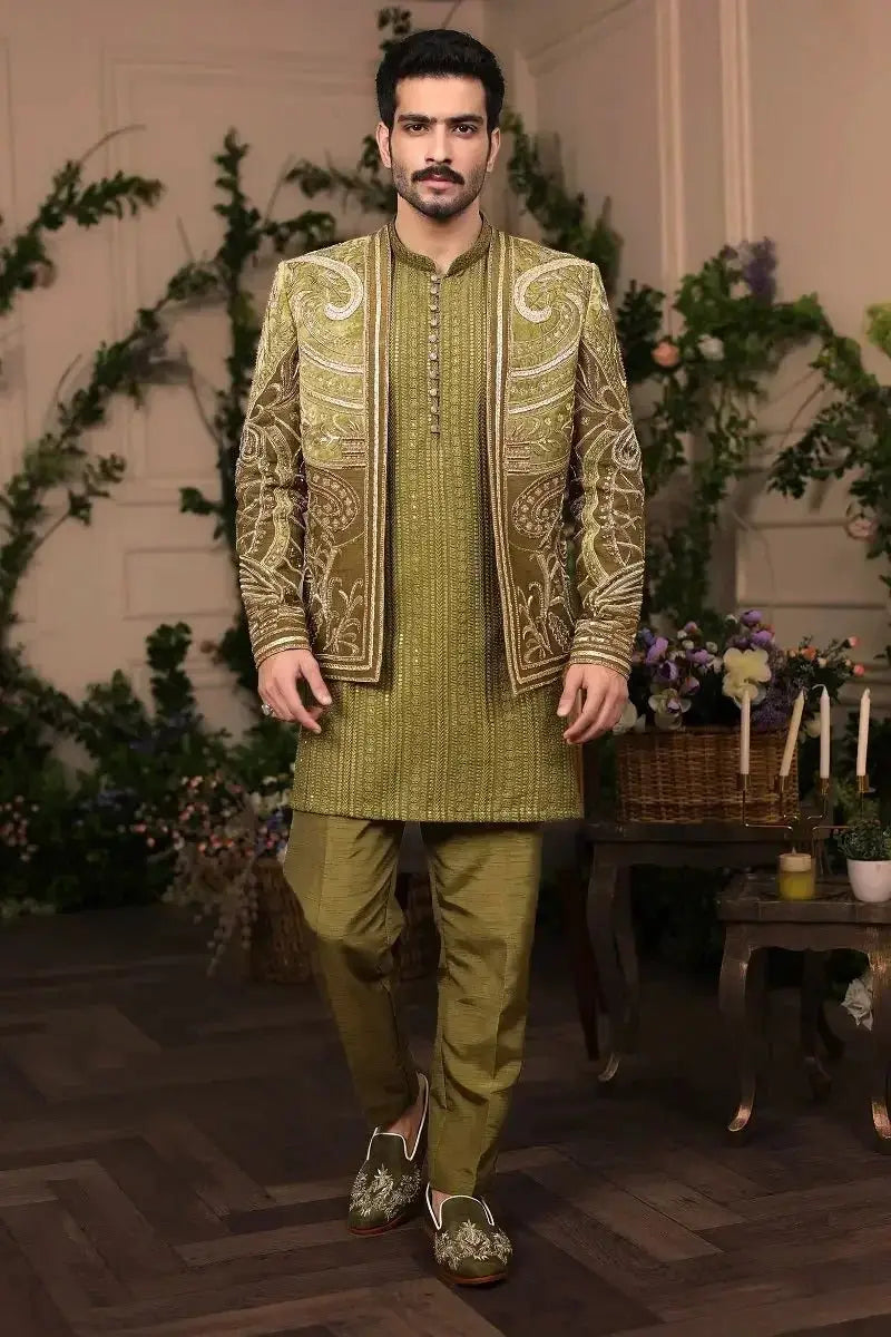 Olive-green sherawala velvet raw silk sherwani with intricate gold threadwork and matching textured kurta