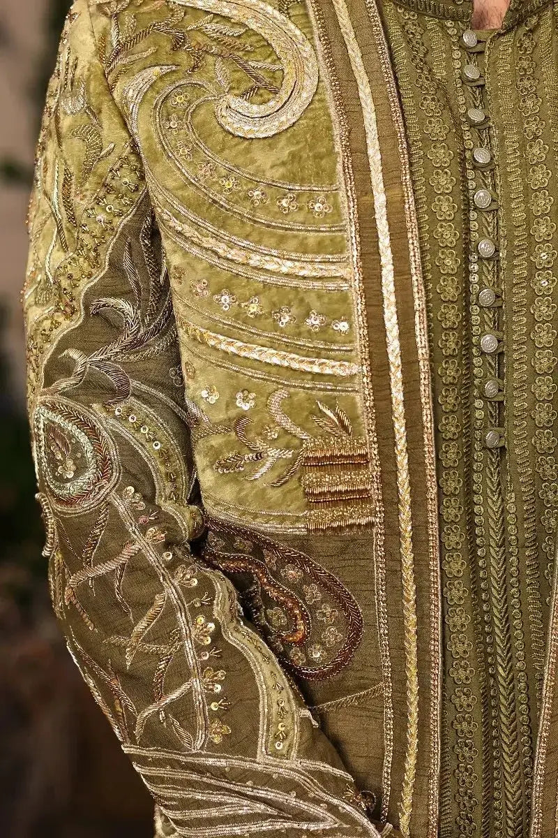 Olive green sherawala velvet jacket with gold and silver paisley embroidery on raw silk fabric