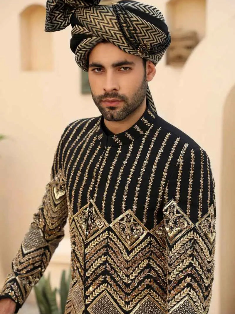 Siyah Nishaan – Pakistani Groom Sherwani by Ahsan Tariq Couture – view 3
