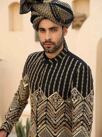 Siyah Nishaan – Pakistani Groom Sherwani by Ahsan Tariq Couture – view 3