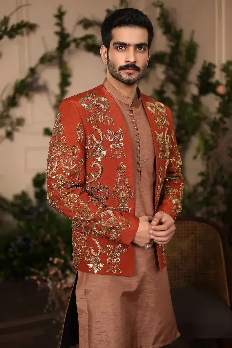 Wazir Khan richly embroidered orange jacket with intricate gold threadwork and traditional design