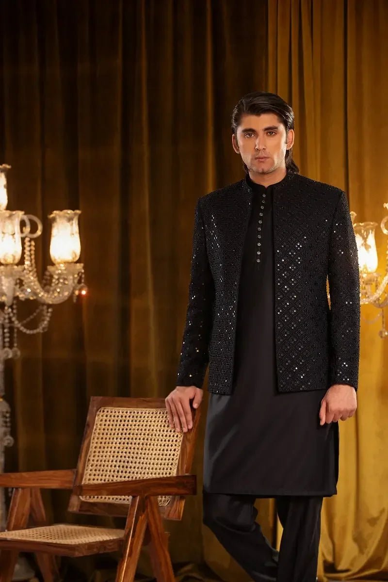 Abdan black sequined jacket with intricate embellishments made from raw silk for elegant occasions