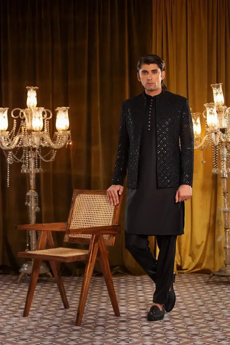 Abdan black raw silk jacket with intricate sequin detailing and mandarin collar for elegant occasions