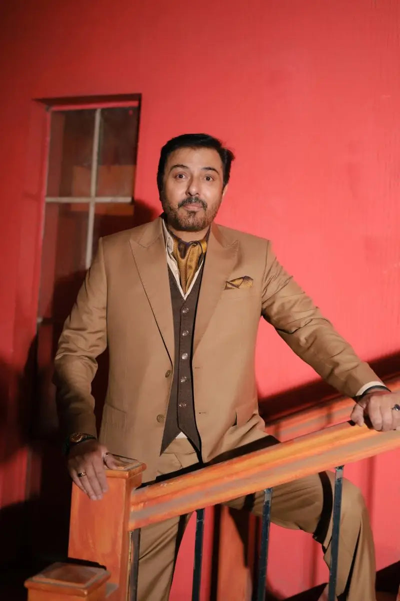 Agha Talish luxury pakistani groom wear tan designer 3-piece suit for men with dark brown vest and gold patterned tie