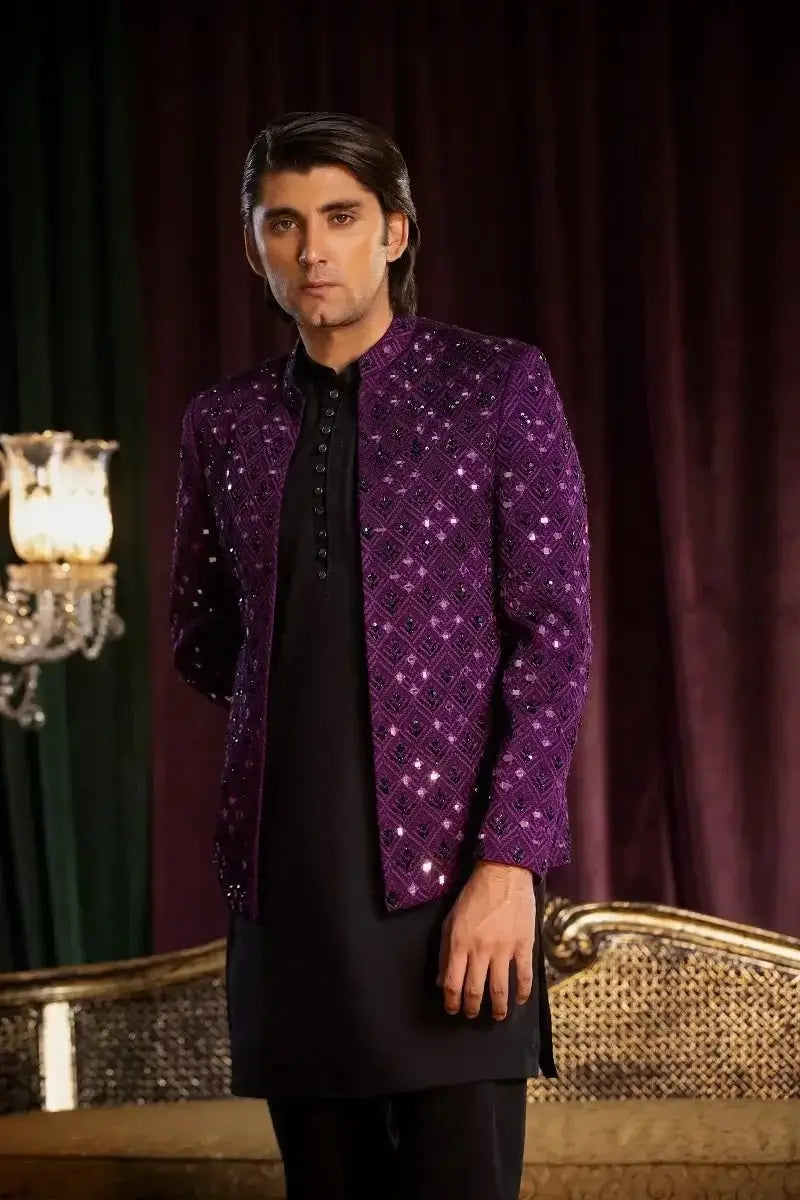 A shimmering purple sequined jacket with diamond pattern design from alam perfect for stylish occasions