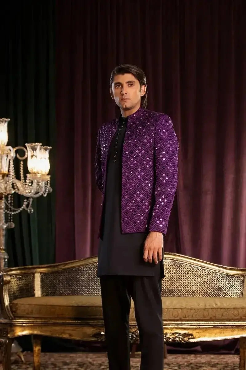 Purple sequined jacket alam with high collar and intricate geometric pattern in shimmering fabric