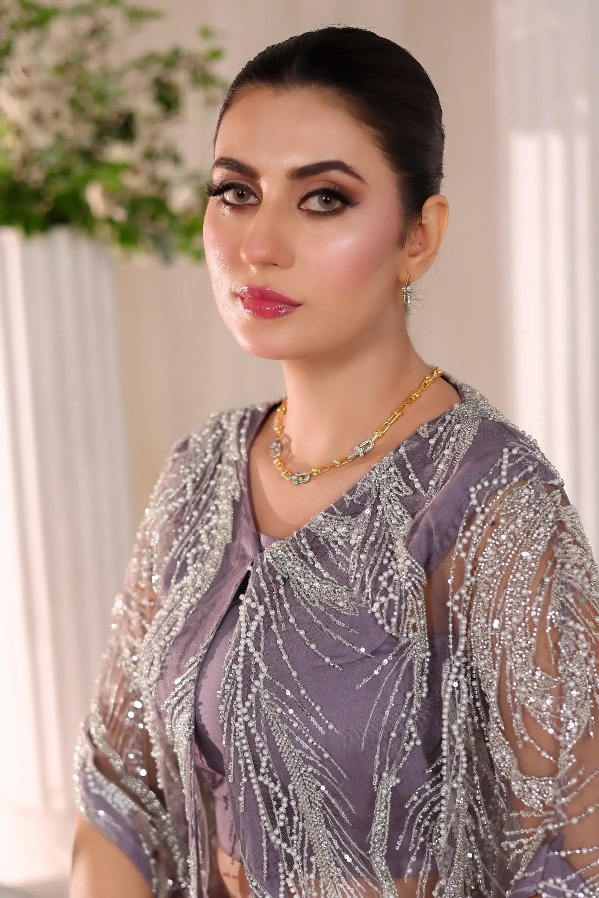 A shimmering lavender sheer blouse with silver sequin embroidery and beads in the amara drape ensemble