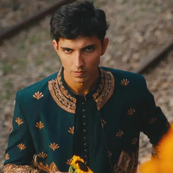 Bagh-e-Zar dark green embroidered jacket with gold leaf patterns and ornate detailing