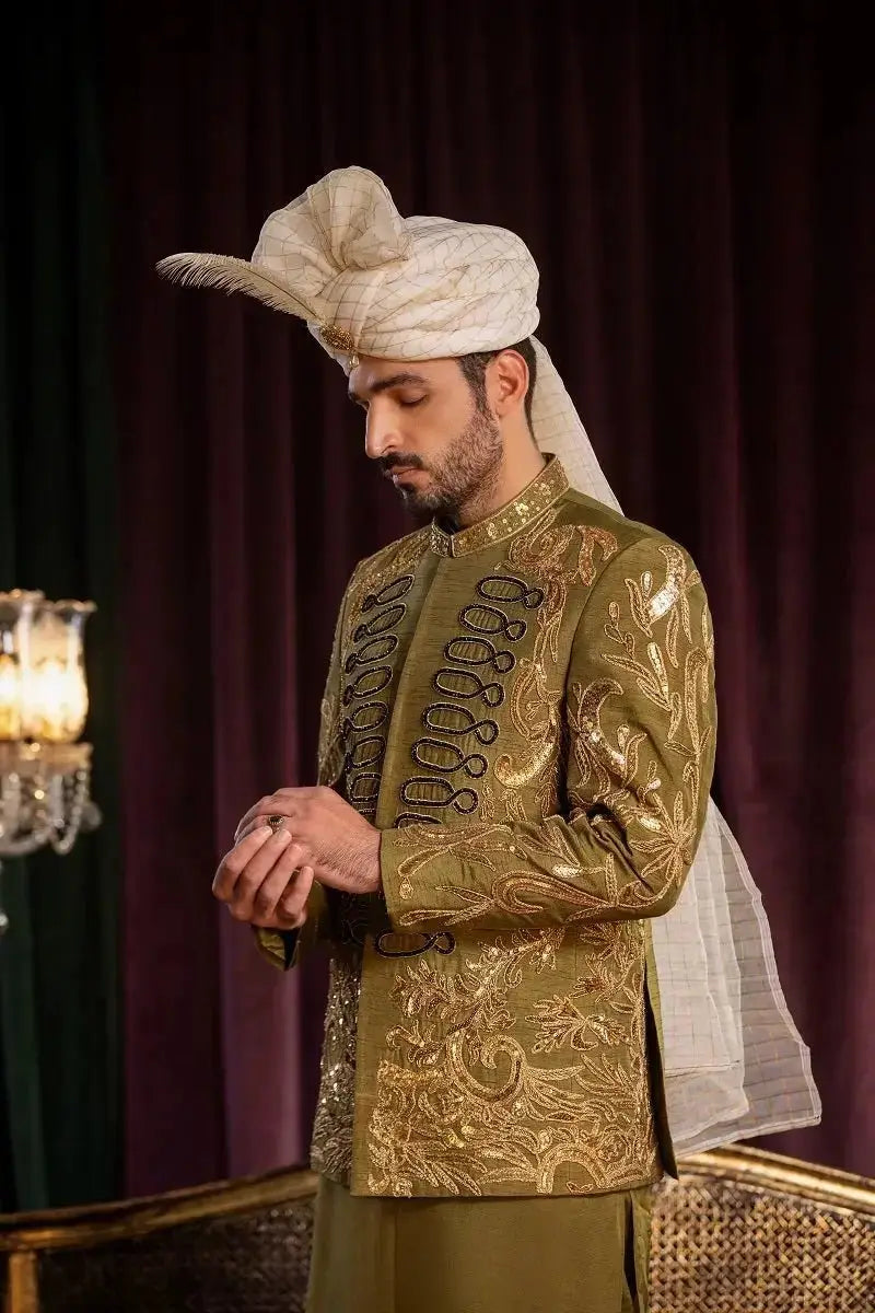 Olive-green embroidered sherwani with gold doori work and black embellishments made from premium quality raw silk davr