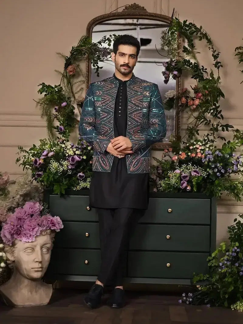 Fakhar-e-Jahan – Pakistani Open Prince Coat by Ahsan Tariq Couture – view 2