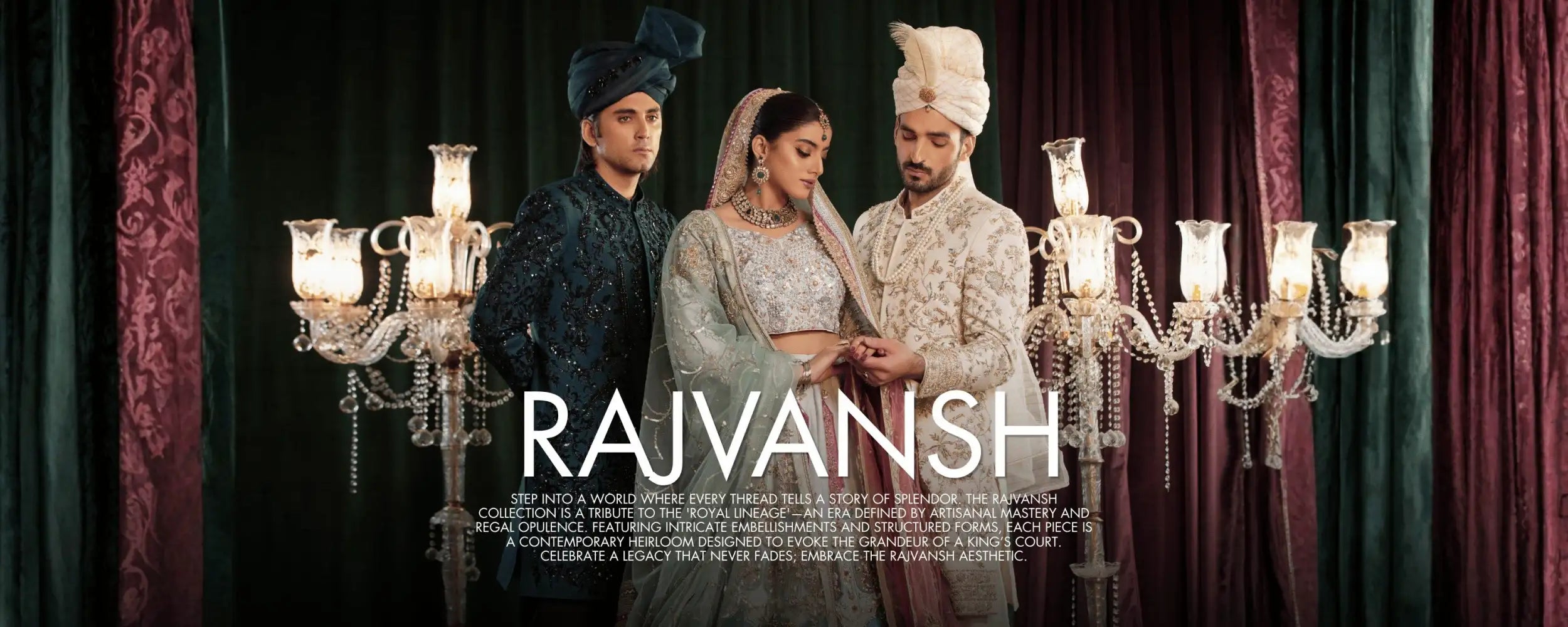 The image features a luxurious bridal ensemble in light silver and gold embroidery, paired with matching traditional indian attire for the groom.