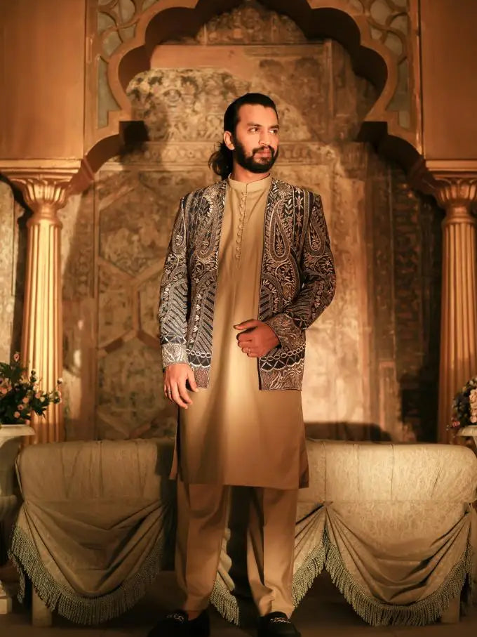 GHAZAL – Pakistani Open Prince Coat by Ahsan Tariq Couture – view 5