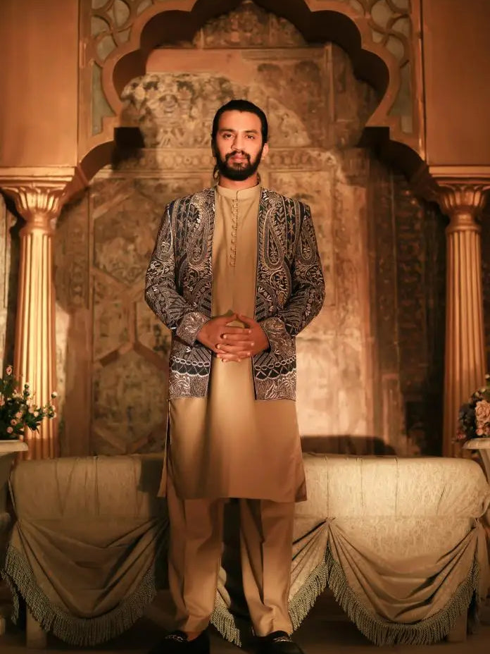 GHAZAL – Pakistani Open Prince Coat by Ahsan Tariq Couture – view 1