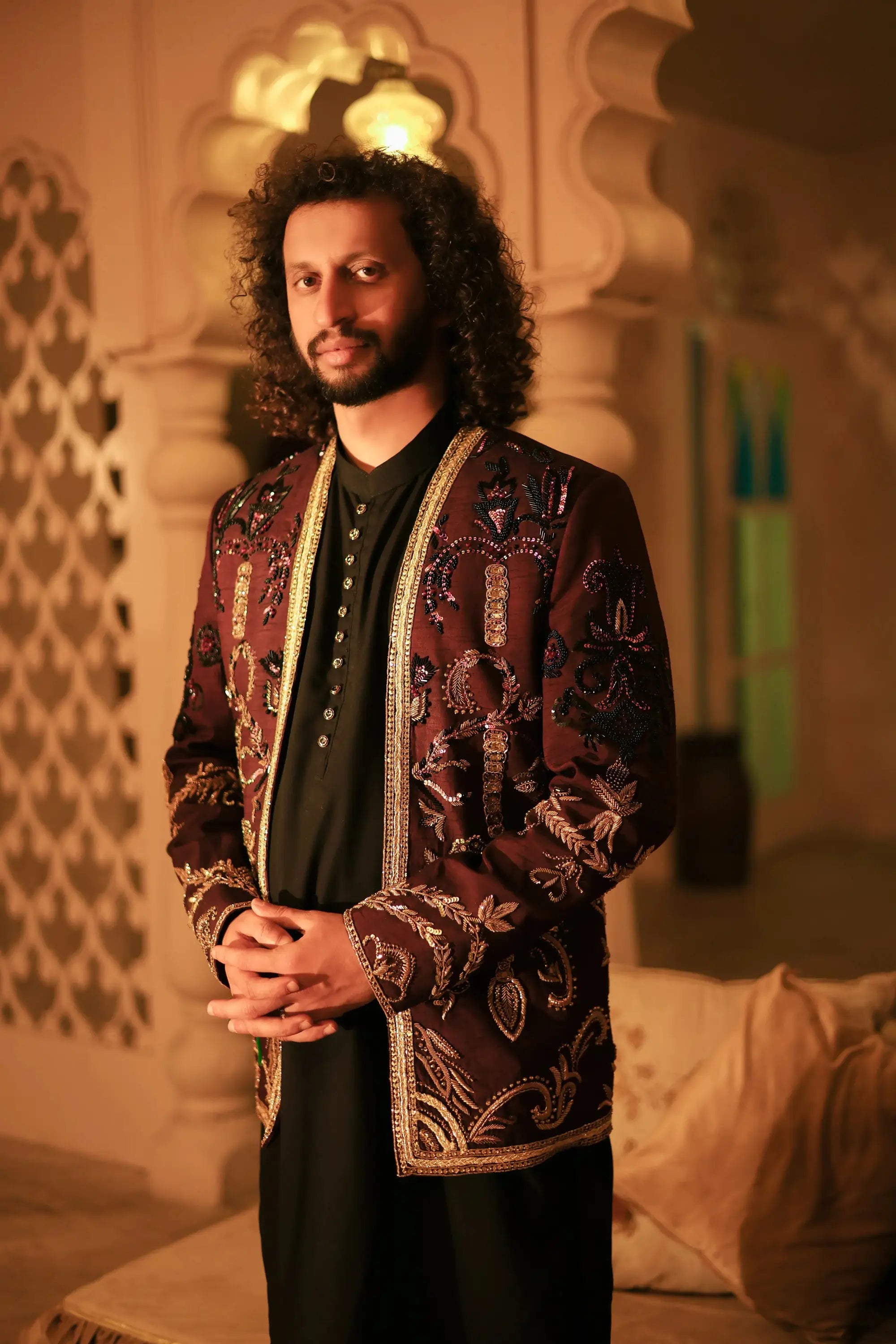 Ghazi rich maroon embroidered jacket with intricate gold thread detailing and matching gold-trimmed collar