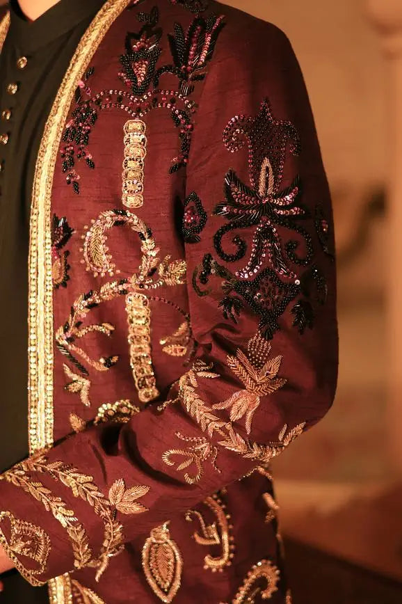 Ghazi maroon velvet jacket with intricate gold and black floral and paisley embroidery for formal wear