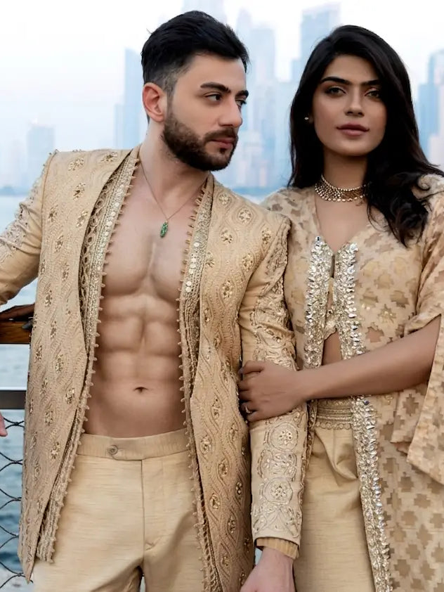GOLDEN HOUR DUO – Pakistani Engagement Wear by Ahsan Tariq Couture