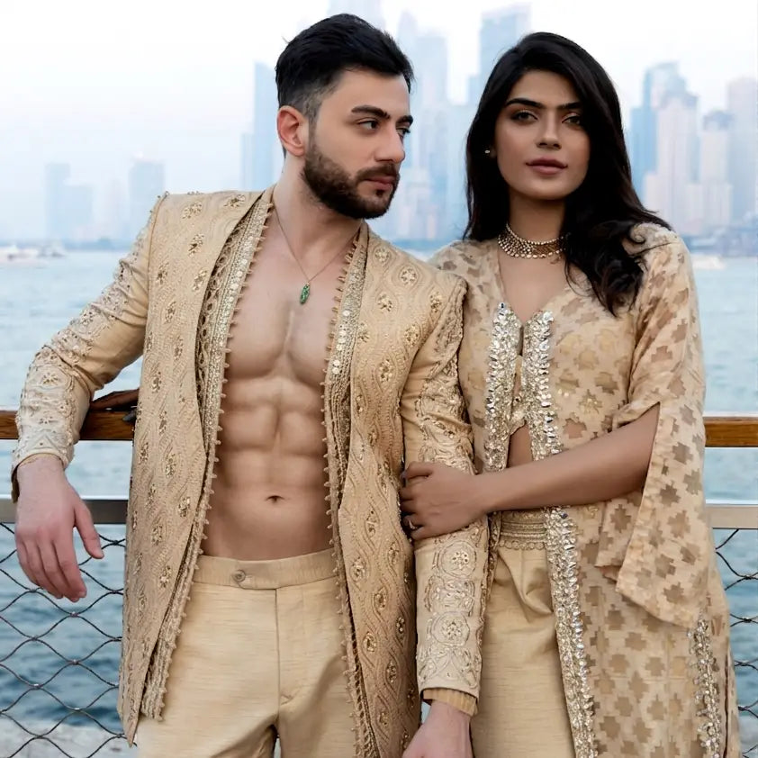 The golden hour duo features a man wearing a gold embroidered jacket with metallic detailing and beige trousers
