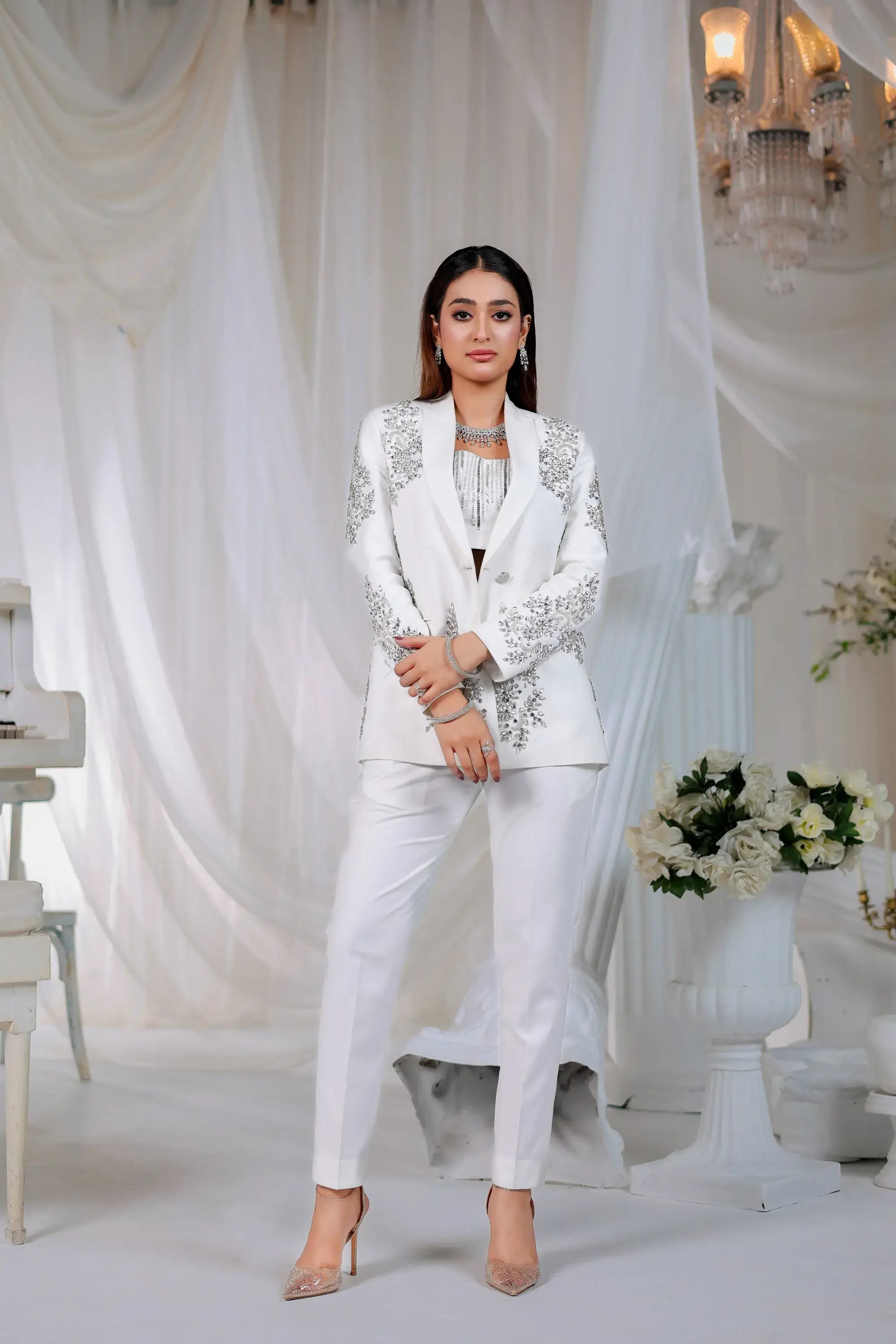 Ivory radiance white blazer with intricate silver embroidery on lapels and sleeves by ahsan tariq formal wear