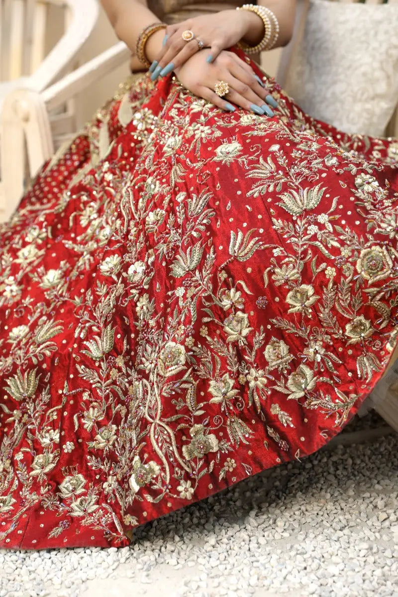 Malika bridal lehenga skirt in rich red with intricate antique gold tilla floral embroidery by ahsan tariq