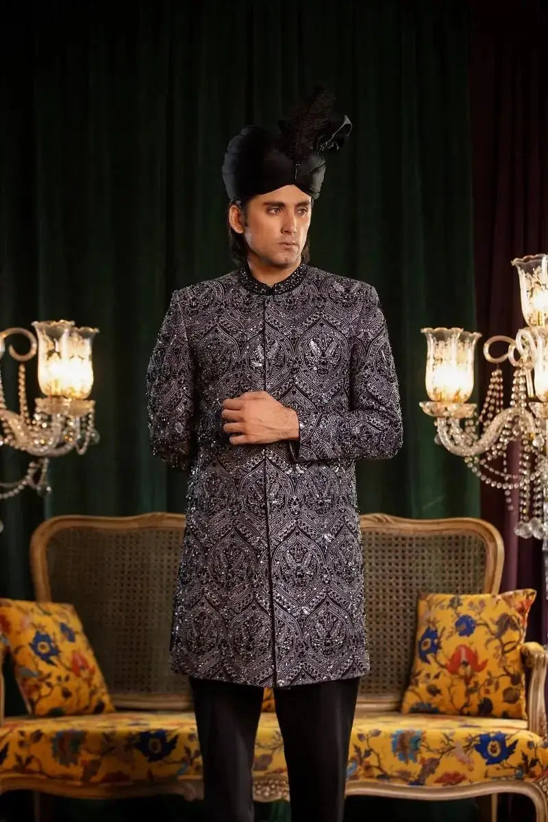 Mastaan black and silver raw silk sherwani with intricate geometric embellishments for formal occasions
