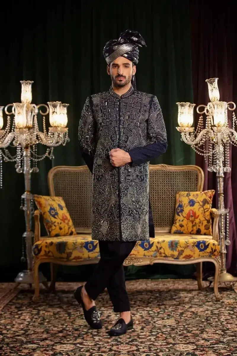 Mastaan black and silver raw silk sherwani with intricate paisley embroidery for formal occasions