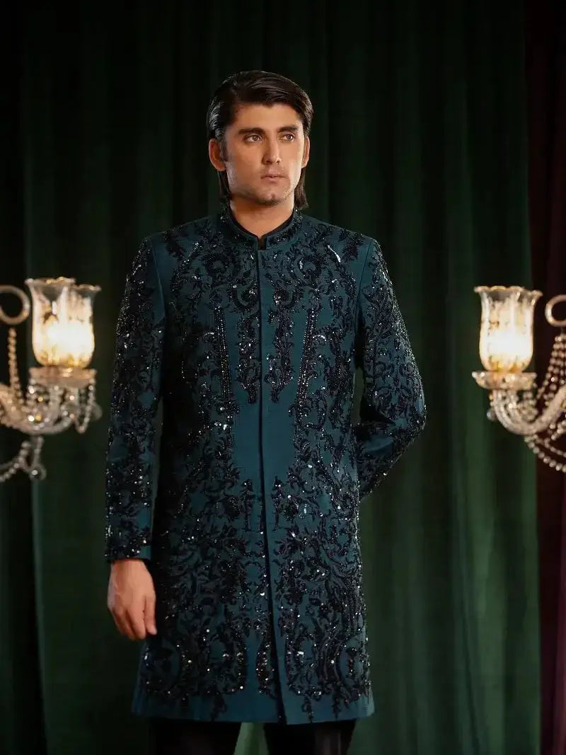 MAYAMEEN – Pakistani Groom Sherwani by Ahsan Tariq Couture – view 3