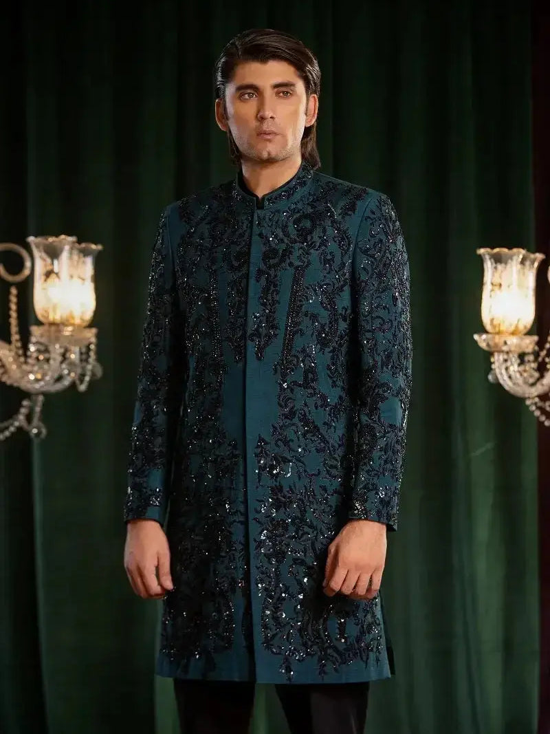 MAYAMEEN – Pakistani Groom Sherwani by Ahsan Tariq Couture – view 5